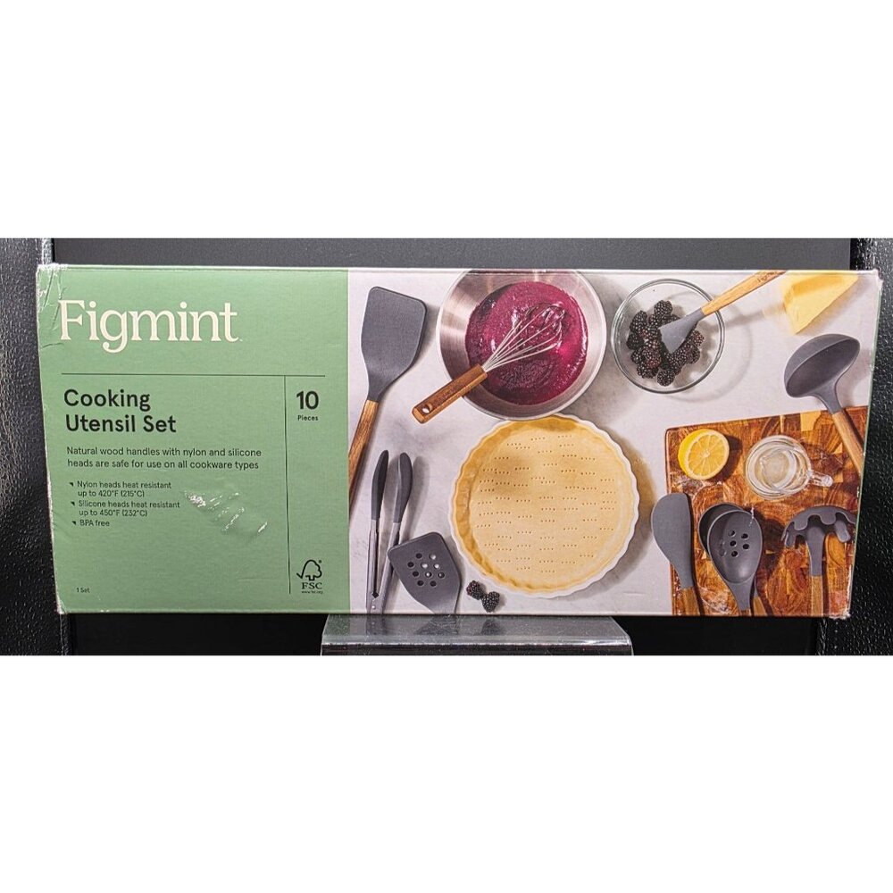 Figmint 10-Piece Cooking Utensil Set With Wood Handles & Silicone/Nylon Heads